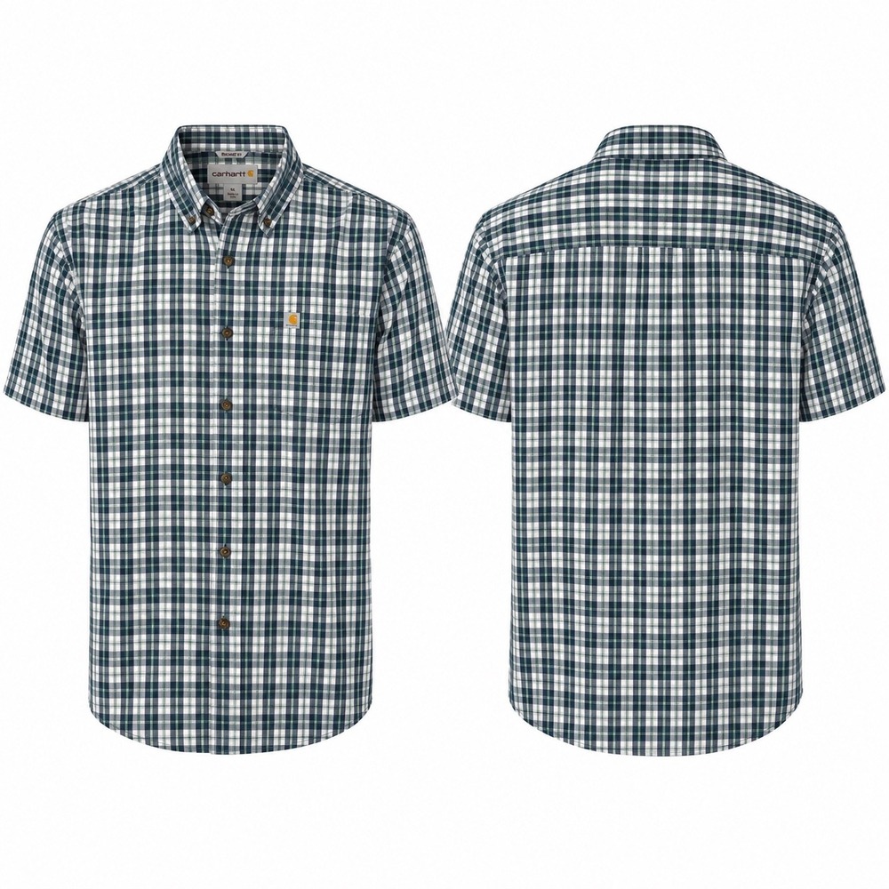 Carhartt Men XL Relaxed Fit Plaid Short Sleeve Button Down Shirt Navy 102536 984